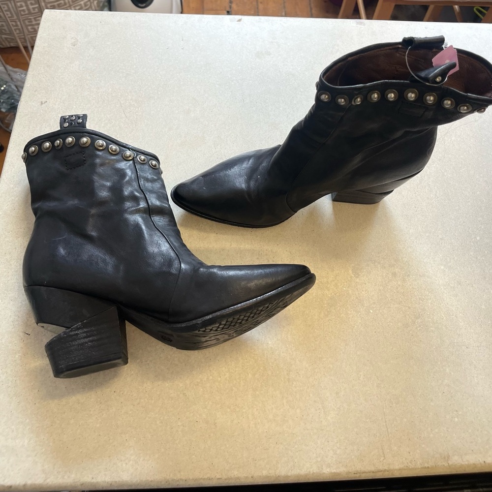 A.S.98 Black Leather Studded Booties